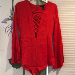 Coral/ Red Romper with Bell Sleeves